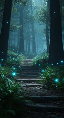 Obraz premium Magical Forest Path with Glowing Lanterns and Fireflies in Lush Green Woodland