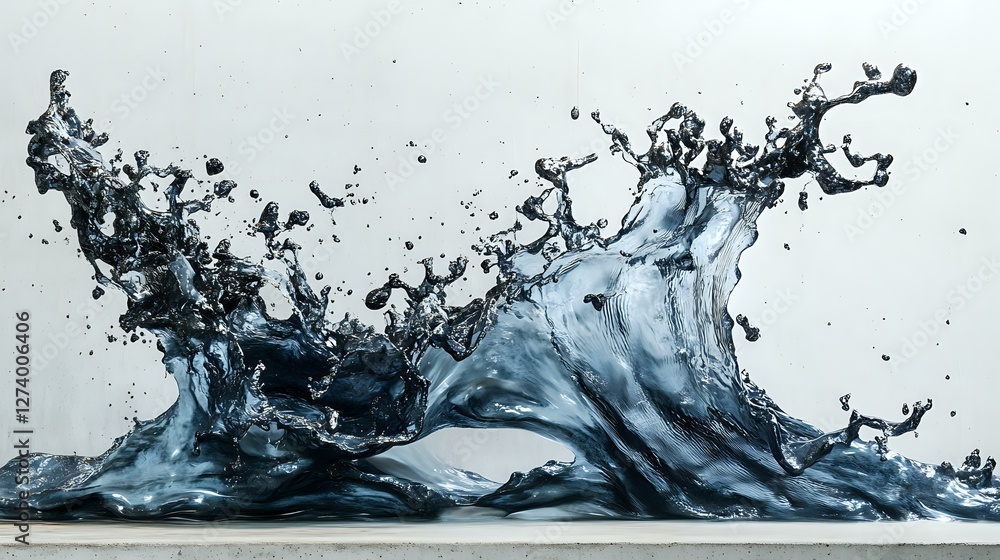 Poster dynamic water splash captured in motion with dramatic waves and droplets creating abstract shapes ag