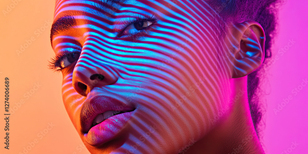 Poster close-up portrait: female face with projected linear light pattern