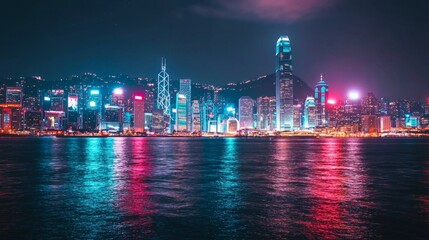 Fototapeta premium Vibrant Night Cityscape of Hong Kong with Reflections on Water