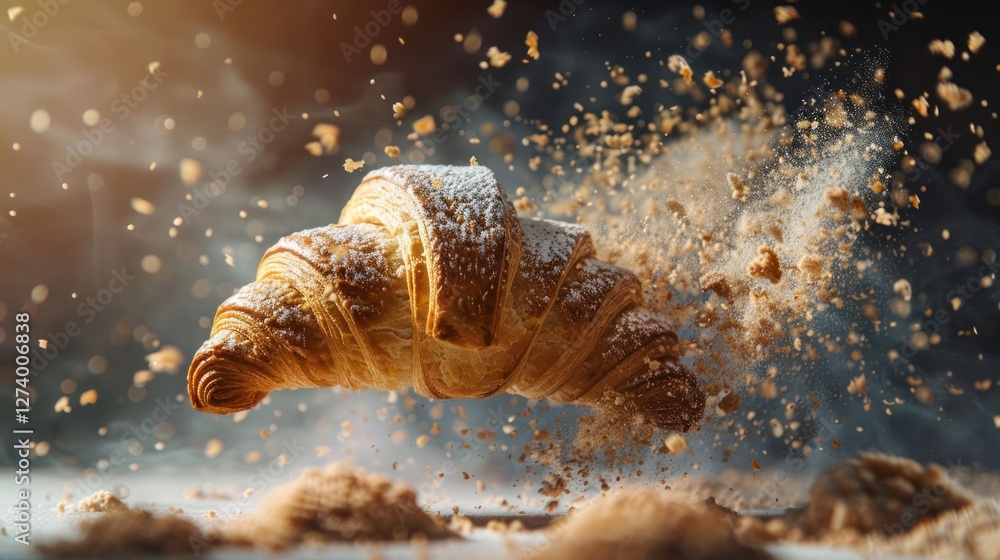 Poster a croissant suspended in mid-air with flour and crumbs creating a dynamic visual effect.