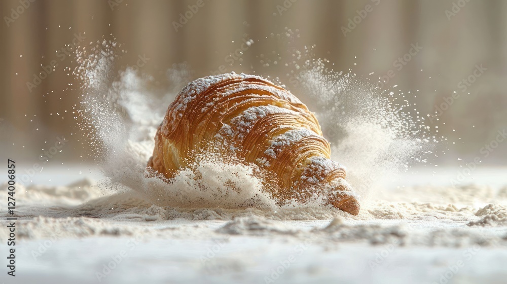 Poster a croissant dusted with flour, creating a dynamic and appetizing scene.