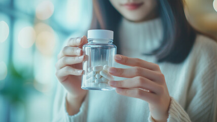 健康食品サプリメントを手にする日本人女性 &ndash; 透明なボトルと成分表示を強調