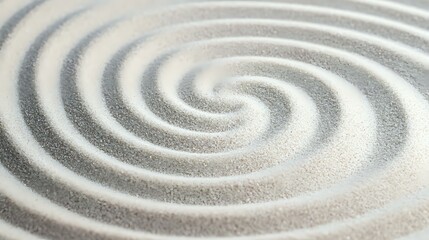 Mesmerizing spiral pattern in white and gray sand creates meditative zen garden effect, with concentric circles forming hypnotic swirl design on textured surface.