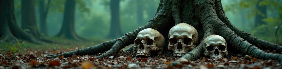 Skulls scattered beneath the gnarled tree roots, roots, eerie, foreboding