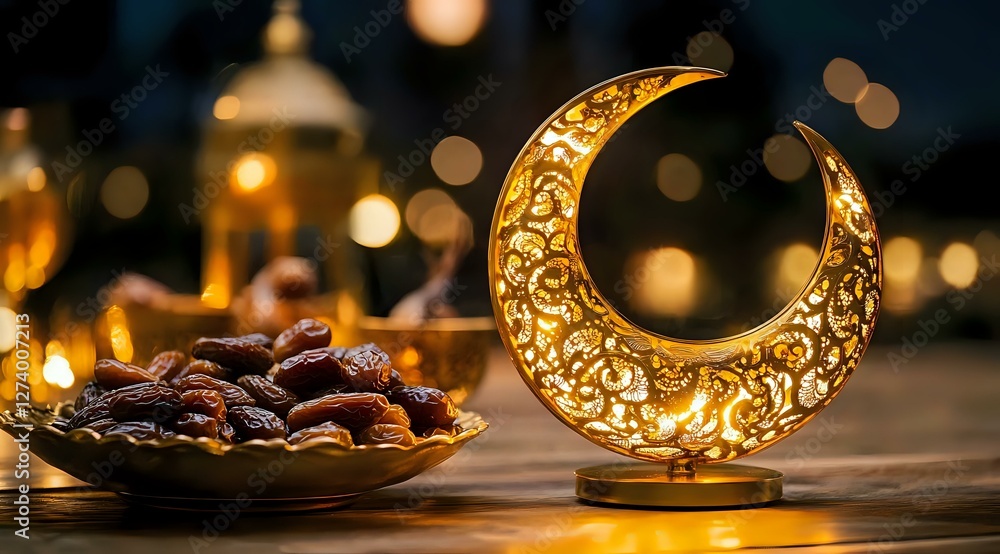 Poster glowing decorative crescent moon lantern with ornate pattern beside plate of dates, warm bokeh light