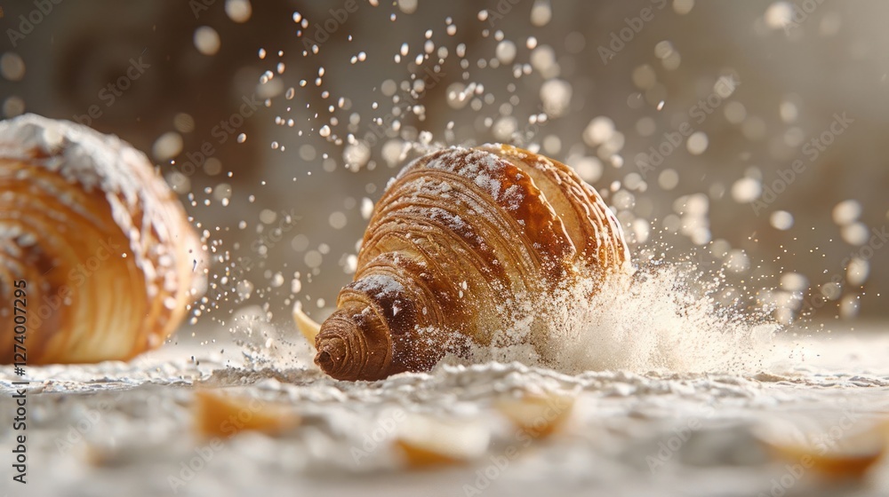 Aufkleber a close-up of seashells surrounded by a sprinkle of flour, creating a dynamic, artistic scene.