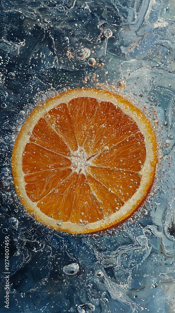 Poster fresh orange slice splashing in clear water with bubbles and droplets against blue background, creat