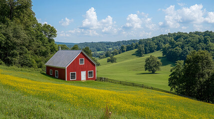 Obraz premium Rural Charm: Red Barn Amidst a Field of Yellow Wildflowers, Rolling Green Hills under a Summer Sky