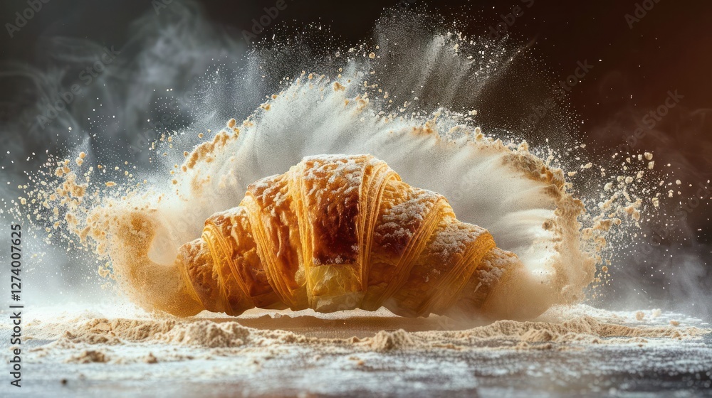 Poster a croissant exploding with flour, showcasing texture and motion in a dynamic food photography scene.