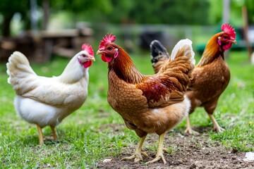 Backyard Chickens Feeding in the Grass - Three hens, one white and two brown, peacefully foraging for food in a lush green yard. Symbolism: rural life, farm freshness, natural food, simple pleasures