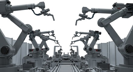 Fototapeta premium Automated Robotic Arm Assembly Line: Industrial Robots Working in a Factory Setting, Isolated on White.