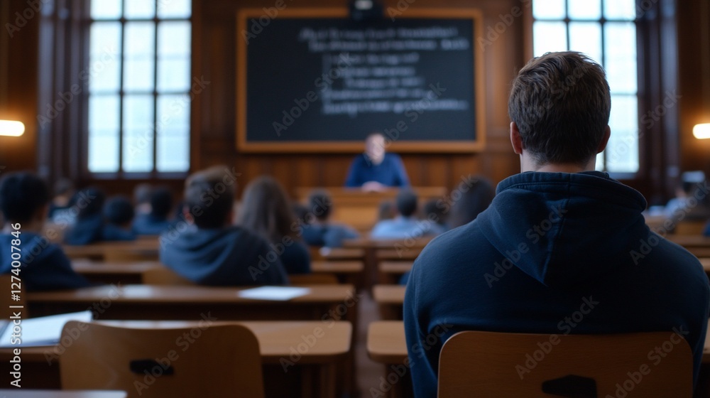 Poster attentive student listens to lecture in a classic university classroom