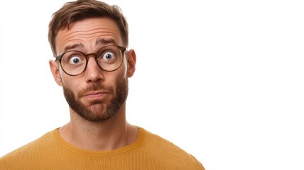 Fototapeta premium A surprised man with glasses looks directly at the camera, wearing a yellow sweater, conveying a playful or confused expression.