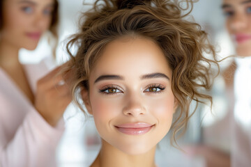 Fototapeta premium Close Up Portrait of a Young Woman with Glitter Makeup and Curly Hairstyle