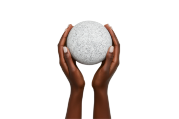 Hands holding a textured sphere studio setting with transparent background close-up view conceptual art