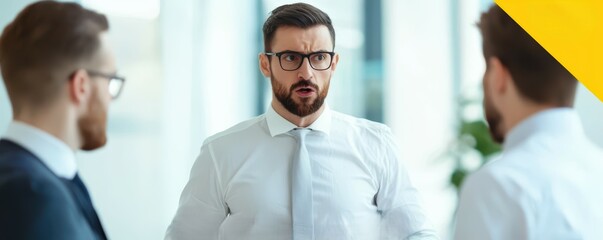 Obraz premium A group of professionals engaged in a serious discussion, showcasing collaboration and communication in a modern office setting.