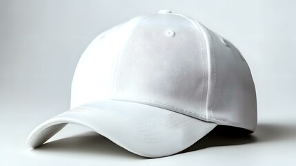 Fototapeta premium Clean white baseball cap on light background, classic six-panel design with curved brim, isolated sportswear accessory for mockup and branding projects.