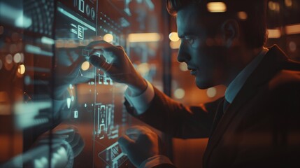 A businessman analyzing data on a futuristic touchscreen interface with holographic technology in a high-tech office during the evening with soft ambient lighting, close-up shot