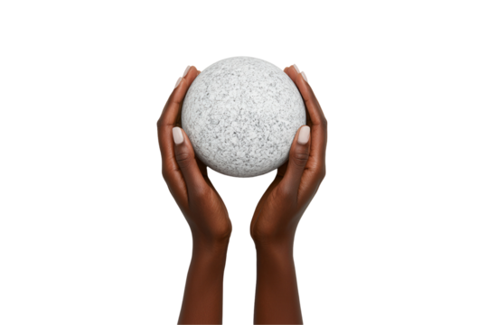 Hands holding a textured sphere studio setting with transparent background close-up view conceptual art