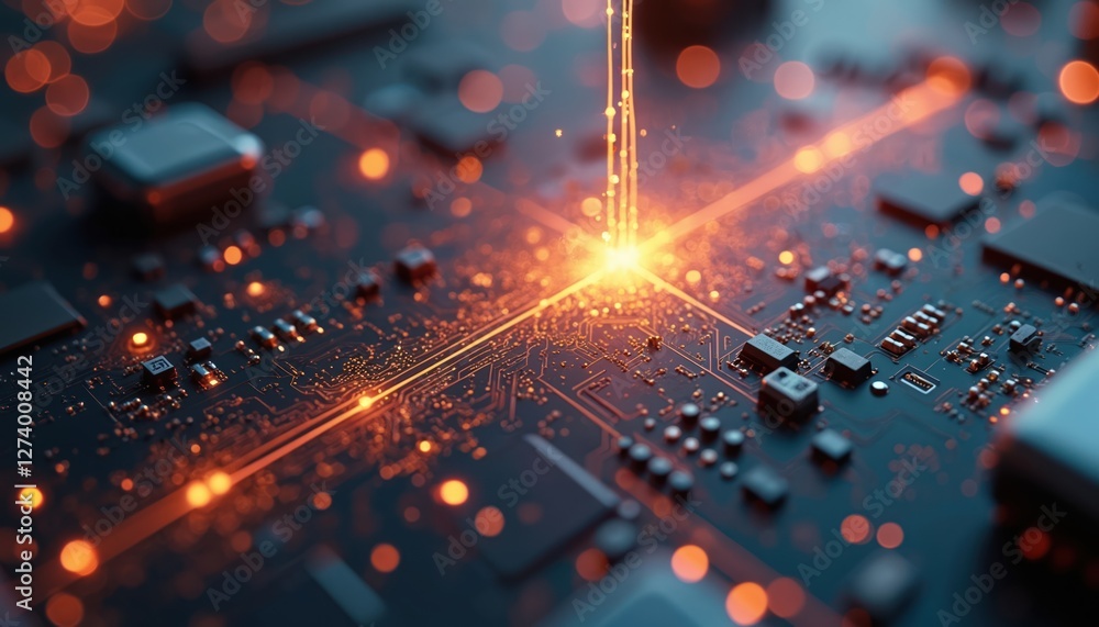 Poster Illustration of glitchy dark circuit board with orange sparks. Futuristic tech design with distorted, malfunction elements. Ideal for digital, computer, electronic themes, innovation, connection,