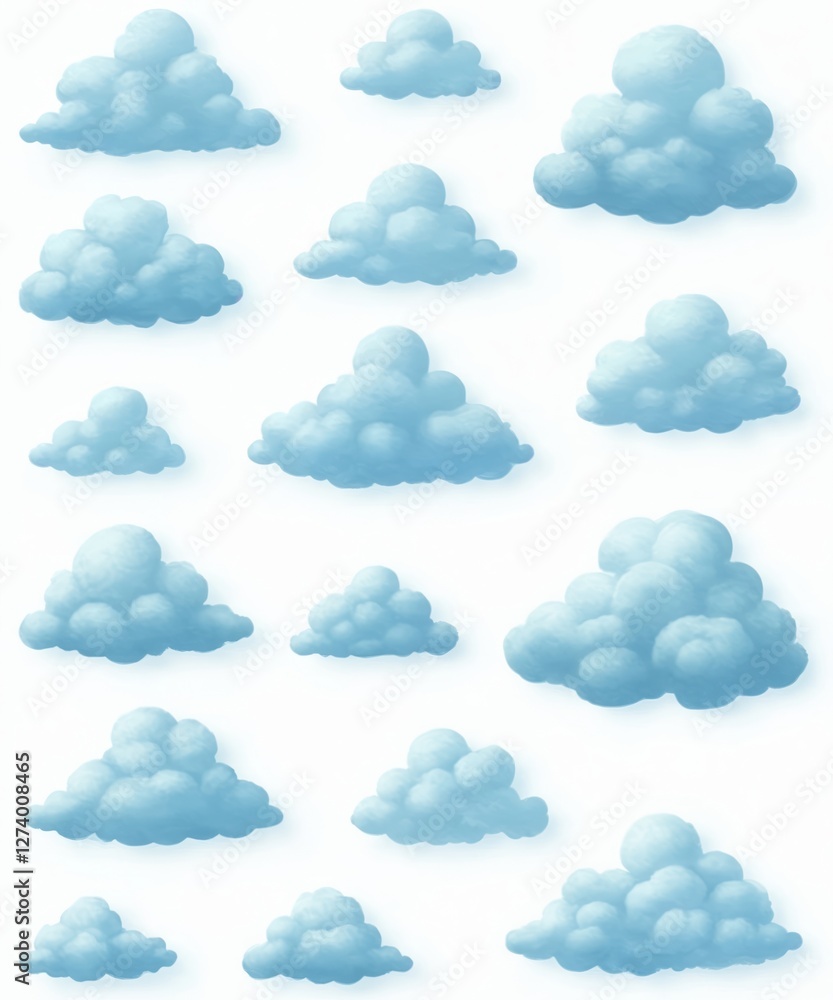 Poster illustration collection of blue clouds isolated on transparent background. set of fluffy cloudscape 