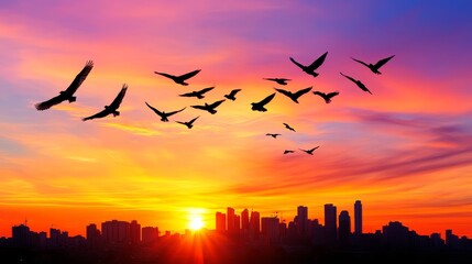 Fototapeta premium Birds Silhouetted Against Sunset Cityscape - Silhouetted birds fly against a vibrant sunset over a city skyline. Perfect for travel, nature, and urban themes