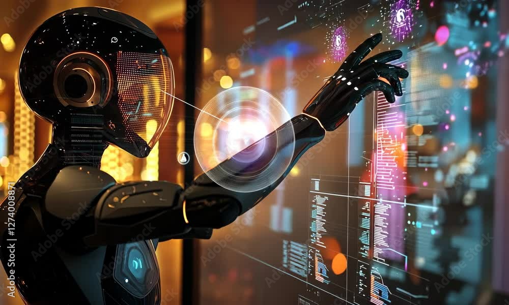 Aufkleber dark futuristic robot interacting with holographic data interface