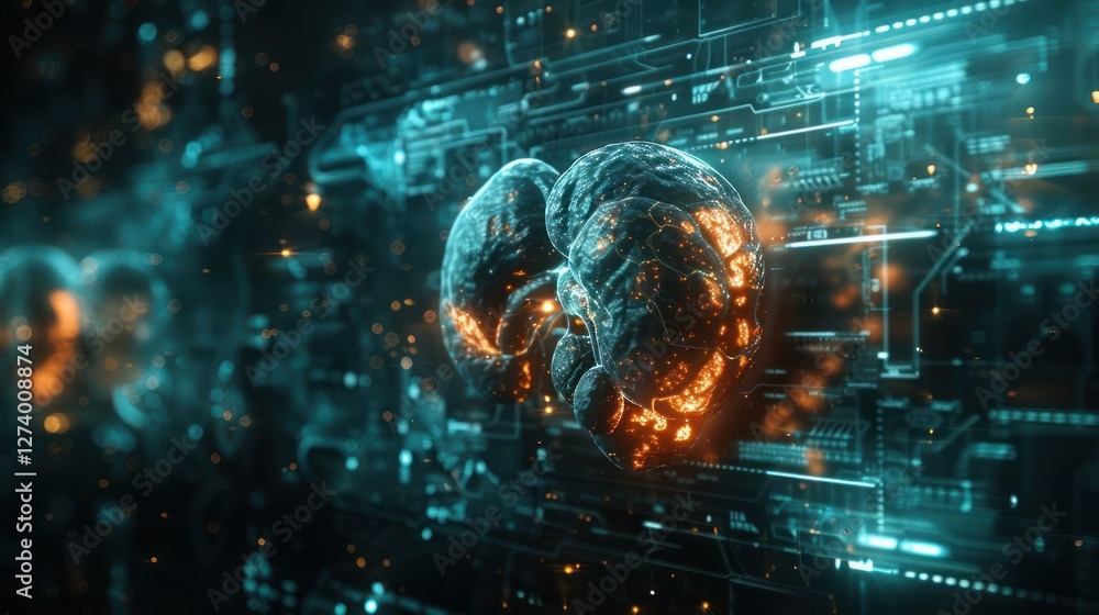 Poster a digital representation of a brain intertwined with circuitry, symbolizing technology and cognition