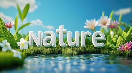 Nature word in grassy idyllic scene with flowers