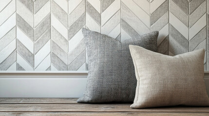 Patterned wallpaper with a modern chevron design in muted gray and white tones