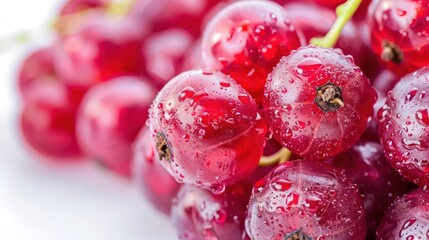 Close-up of fresh red currants with water droplets, showcasing their vibrant color and texture.