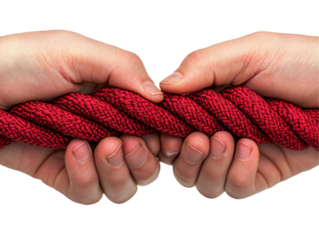 Team building exercise outdoor setting image of hands holding red rope transparent background collaboration concept