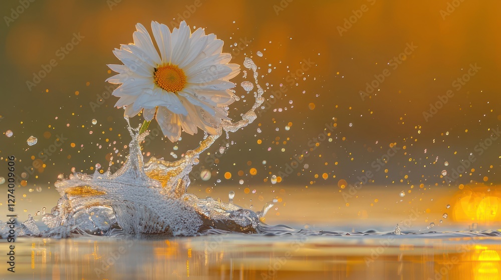Poster a daisy splashes in water, creating a beautiful scene with shimmering droplets.