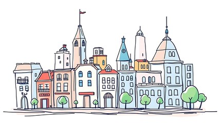 Adorable Hand-Drawn Sketch of a Charming City with Cute Buildings, Streets, and Playful Urban Details