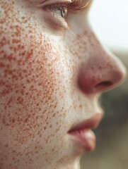 Fototapeta premium Close-up of a person's face with visible skin texture, showcasing natural imperfections and healthy glow, representing authenticity and self-confidence in beauty. 