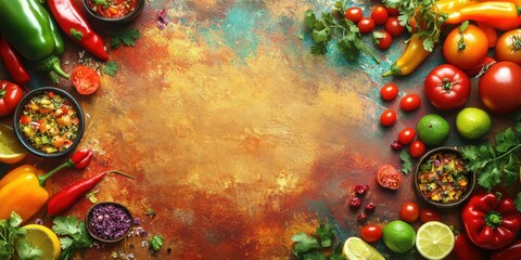 Fototapeta premium Colorful arrangement of fresh vegetables and herbs on a rustic background in a culinary preparation setting