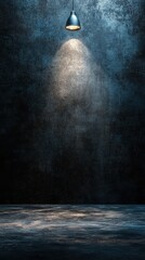 Dramatic spotlight illuminates an empty space with a textured dark background to create an atmosphere of intrigue and depth
