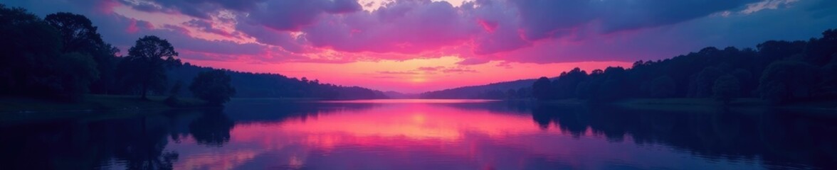 Fototapeta premium Twilight colors in calm river with trees along the shore, peaceful, water, landscape