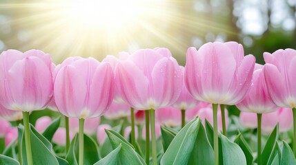 Close Up Row of Light Pink Tulips with Green Leaves in Garden Sunlight