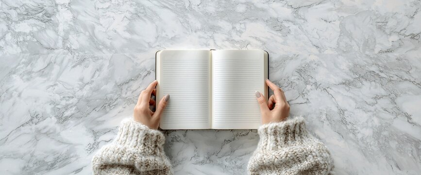 Woman's hands hold open blank notebook on marble.