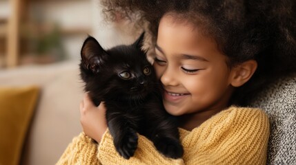 African child embracing black kitten with joyful expression and cozy yellow sweater.