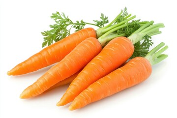 A bunch of vibrant orange carrots with fresh green tops, isolated on a white background, showcasing their natural freshness and organic appeal