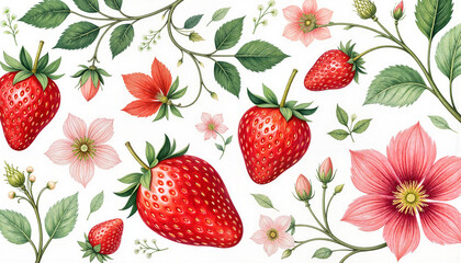 Vibrant strawberries and blooms on soft background, nature's bounty
