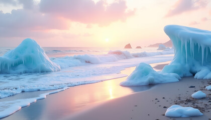 Serene Coastal Sunset with Ice Formations &ndash; Tranquil Ocean Waves, Smooth Bluish Ice, Warm Pink and Orange Sky Reflections, and Distant Rocky Outcrops for a Stunning Seascape
