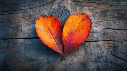 Obraz premium Autumn Heart-Shaped Leaves on Rustic Wooden Surface