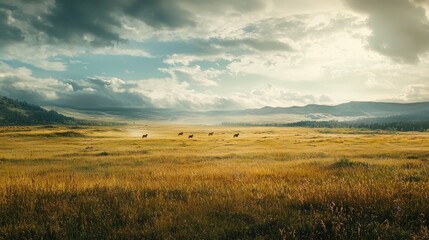 Obraz premium Serene Landscape with Horses Grazing in Open Golden Field