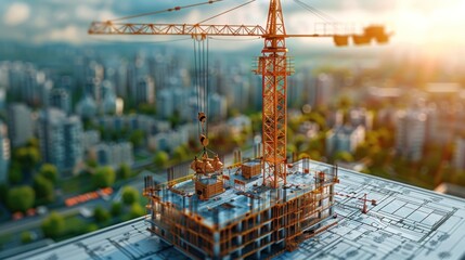3D animation of crane and building construction site over blueprints.