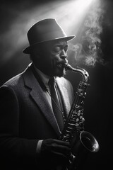 A seasoned jazz musician in a fedora and tweed suit passionately plays the saxophone in a moody, smoke-filled atmosphere, evoking the soulful essence of classic jazz club performances