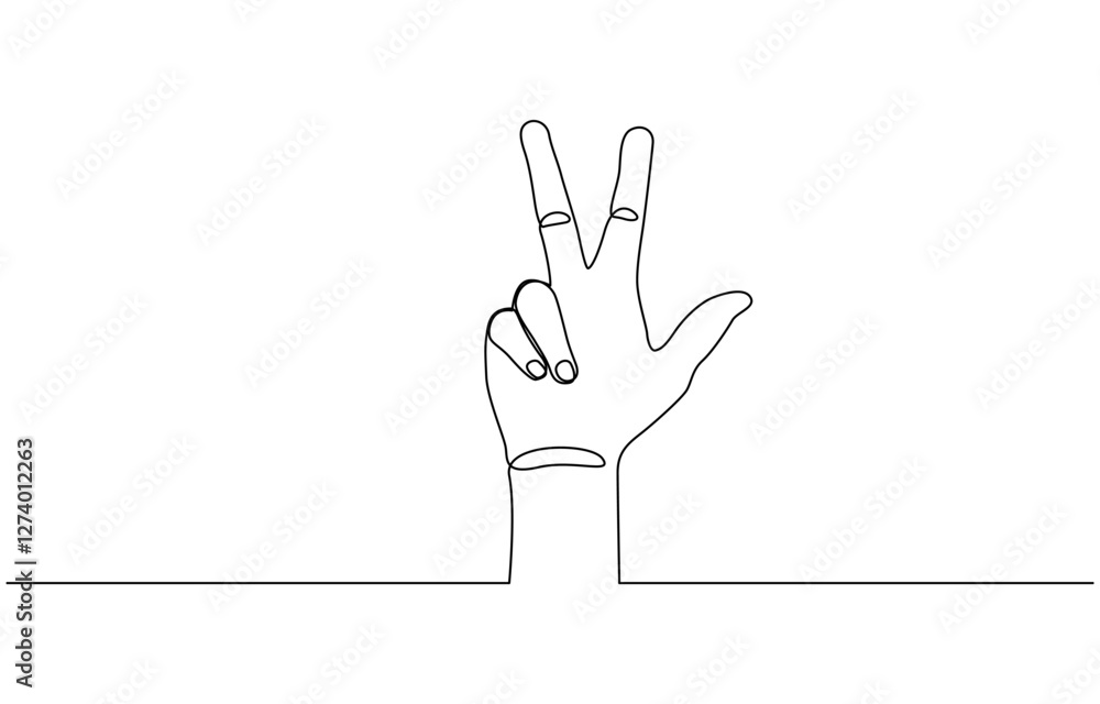 Poster continuous line drawing of index and middle finger, human hand raised index and middle fingers - one